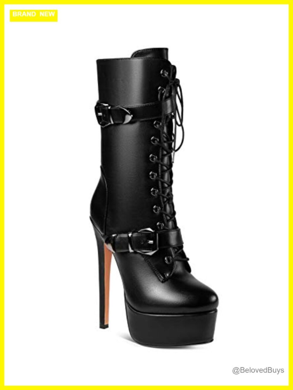 Faux Leather Lace Up Stiletto Platform Boots Mid-Calf Zip